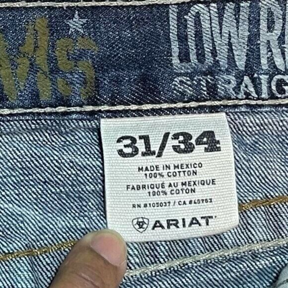 ARIAT Denim Blue M5 Low Rise Straight 31x34 Blue Jeans W/ Patches Distressed - Picture 9 of 12